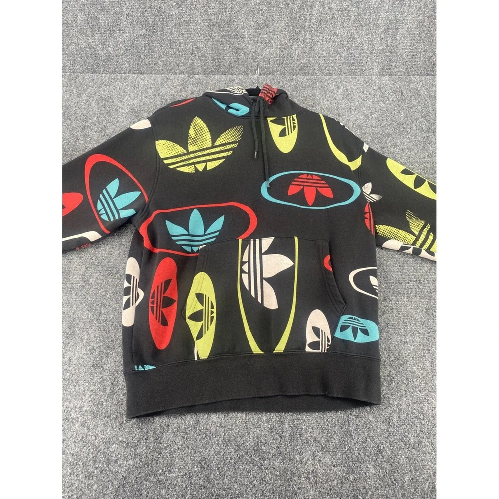 Adidas Originals Trefoil AOP Hoodie Mens Medium Black Multi Color Logo Pullover